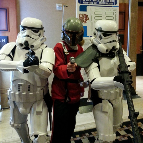 Stormtroopers pose with Boba "Fleet" Fett.